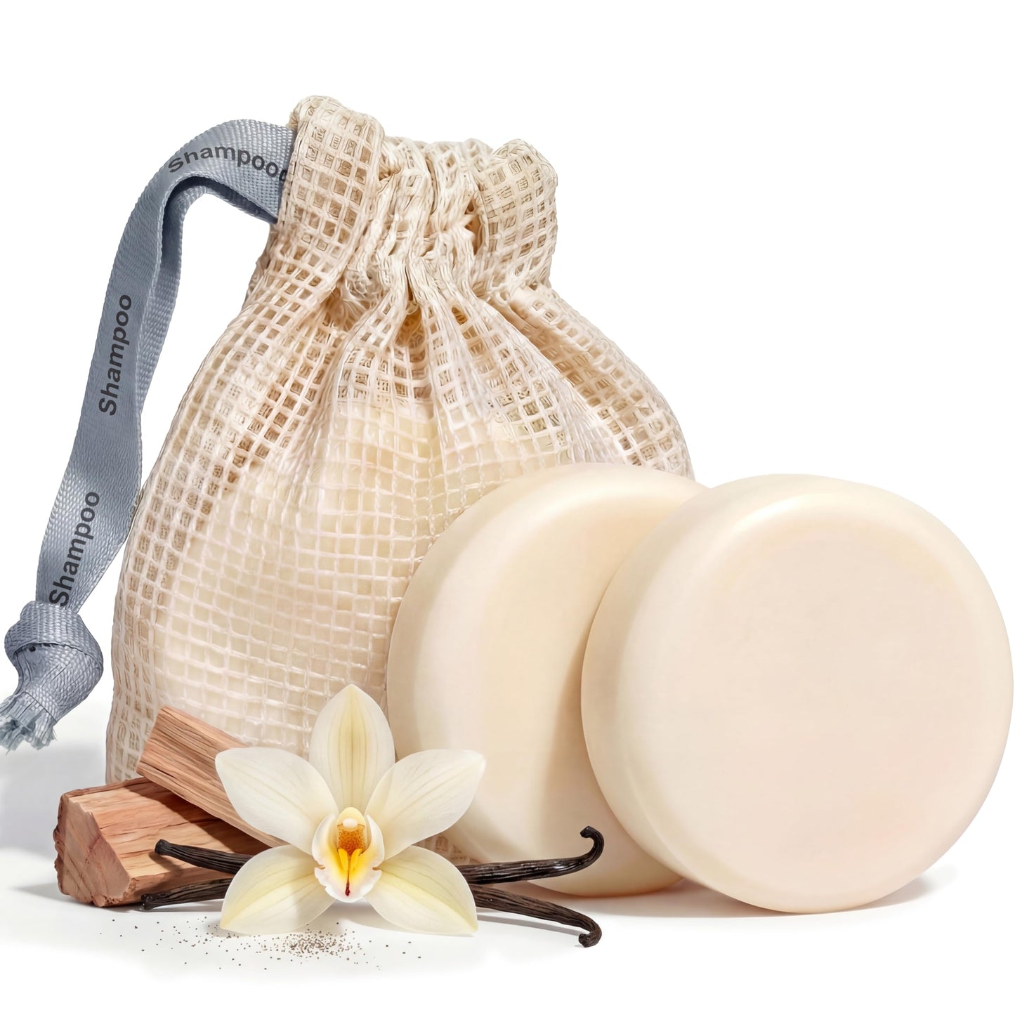 Vove Shampoo Bar Set (2 Bars + Storage Bag) - Sulfate Free Solid Shampoo for Hair Growth & Strength - Rice Protein, Ginseng & Squalane - Vanilla Cedar Scent - Plastic Free, pH Balanced, Color Safe