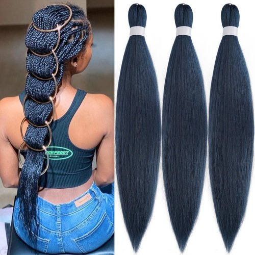 UPruyo Dark Blue Pre Stretched Braiding Hair 30 Inch Kanekalo Navy Blue Braiding Hair Extensions for Braiding Box Braids Synthetic Long Yaki Knotless Prestretched Braiding Hair for Women Girls