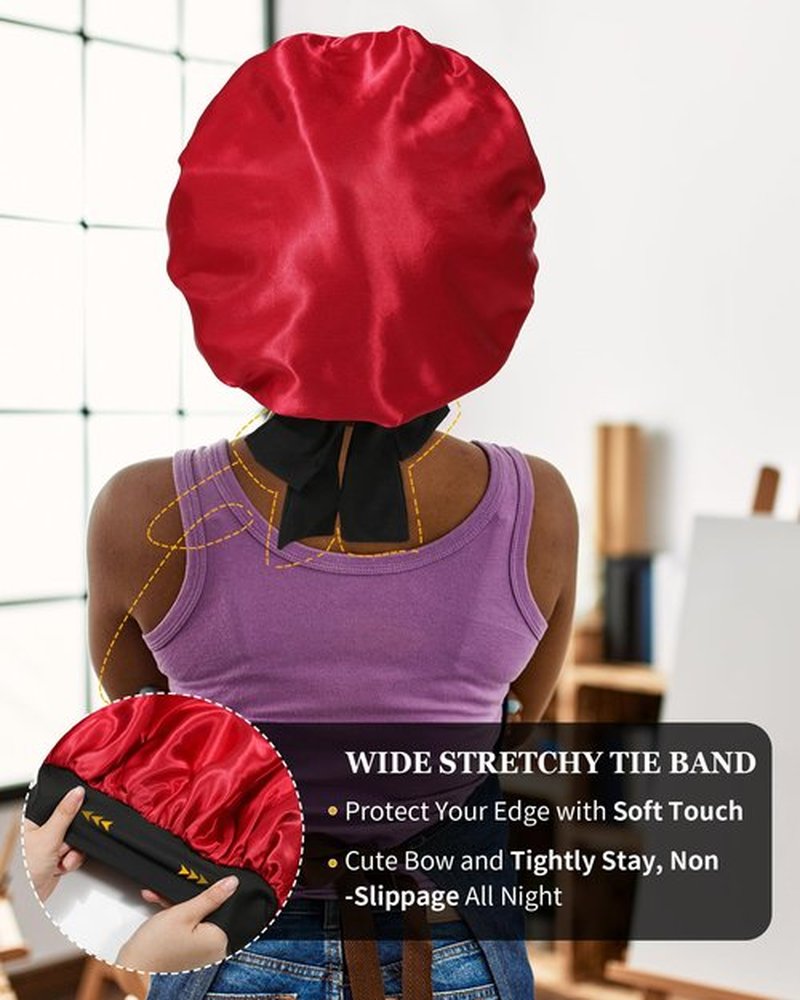 Satin Bonnet for Women Silk Bonnets for Sleeping Curly Hair Bonnet with Elastic Tie Band Reversible Double Layer Sleep Cap Hair Wrap (Black + Red)