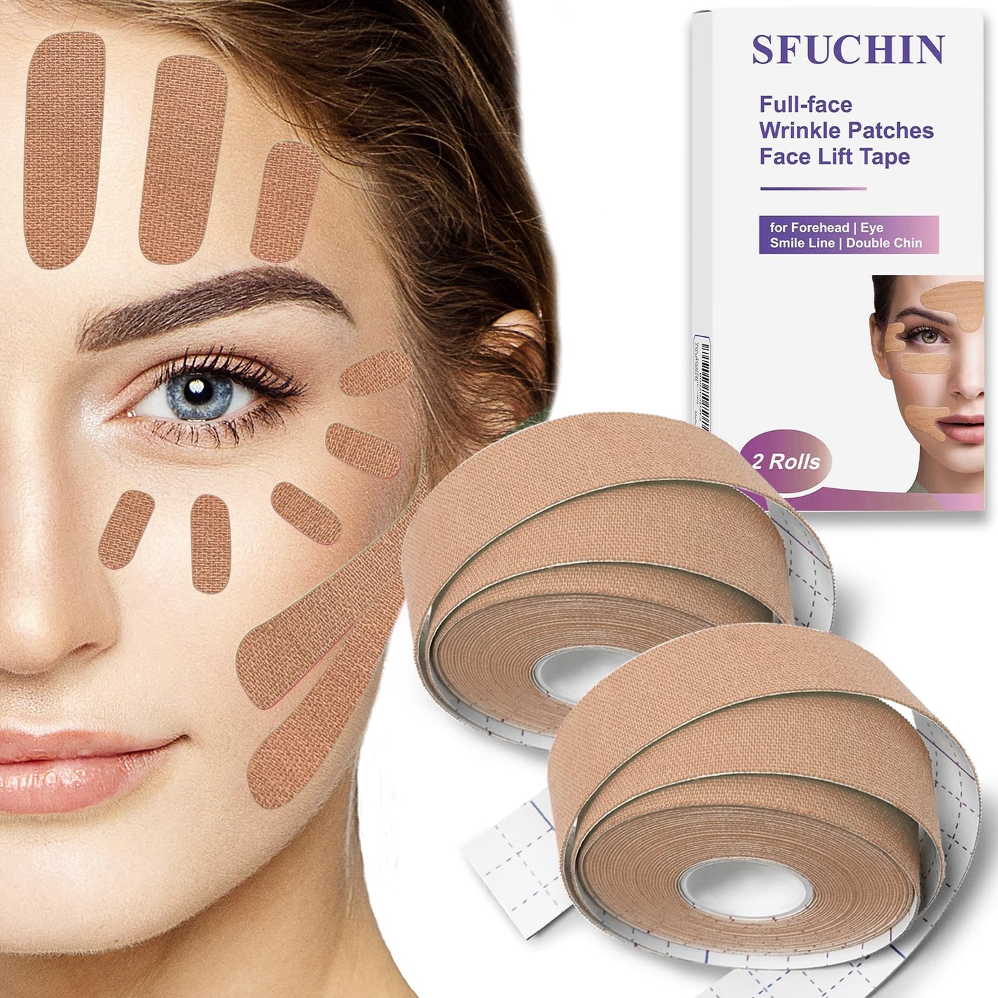 Sfuchin Facial Patches - Wrinkle Patches - Wrinkle Tape - Face Lifting Tape - Non-Invasive Wrinkle Remover - Multifunctional High Elasticity Wrinkle Forehead Eyes Face (Beige-2.5cm)