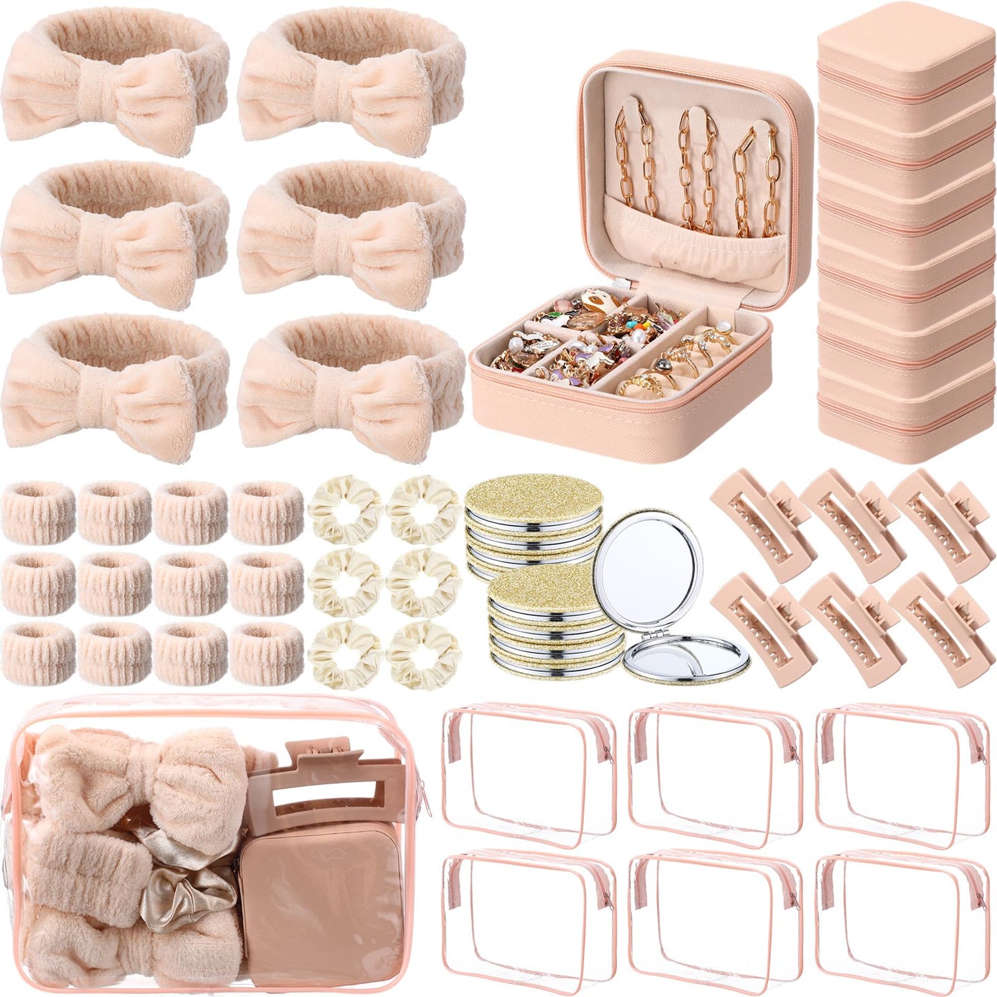 Suncalla 48 Pcs Spa Party Favors Bridesmaid Proposal Gifts Sleepover Party Supplies Bow Headband Scrunchies Jewelry Case Makeup Bag Mirror for Women Slumber Birthday Return Gifts (Beige)