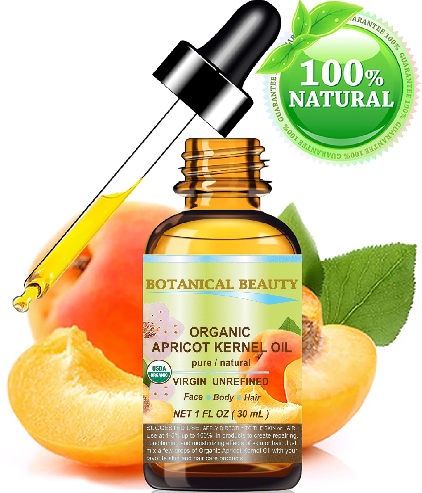 Botanical Beauty ORGANIC APRICOT KERNEL OIL Australian. 100% Pure Virgin Unrefined Cold Pressed Carrier Oil 1 oz- 30 ml. For Face, Hair, Body, Nails, Skin, Anti - aging