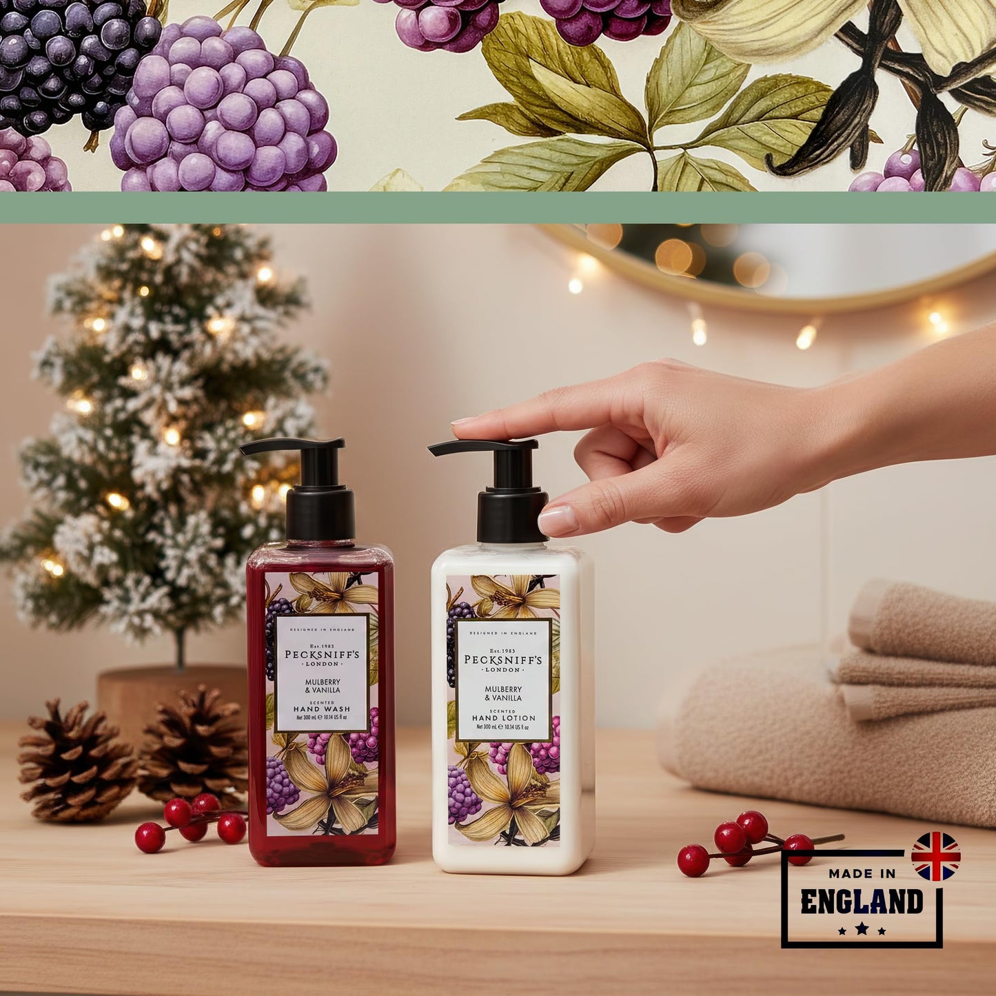Pecksniff’s Hand Care Duo Gift Set, Mulberry & Vanilla, Hard Box Set with 300ml Hand Wash and 300ml Hand Lotion, Moisturizing Sink Set, Designed in England