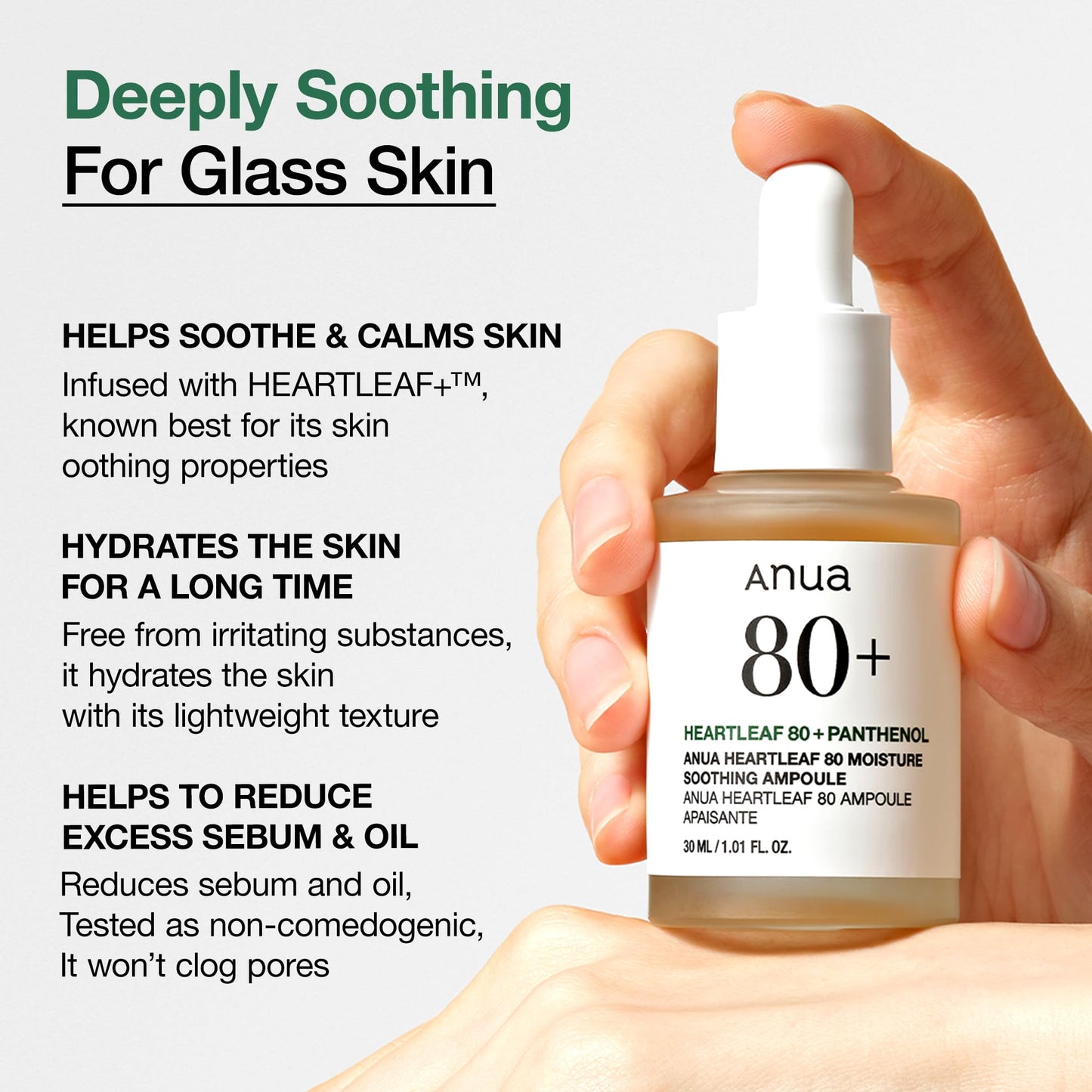Anua Heartleaf 80 Soothing Ampoule, Hydrating Facial Serum for Glass Skin, Hyaluronic Acid, Panthenol, Lightweight, Non-Greasy Formula, Korean Skincare, 1.01 fl.oz