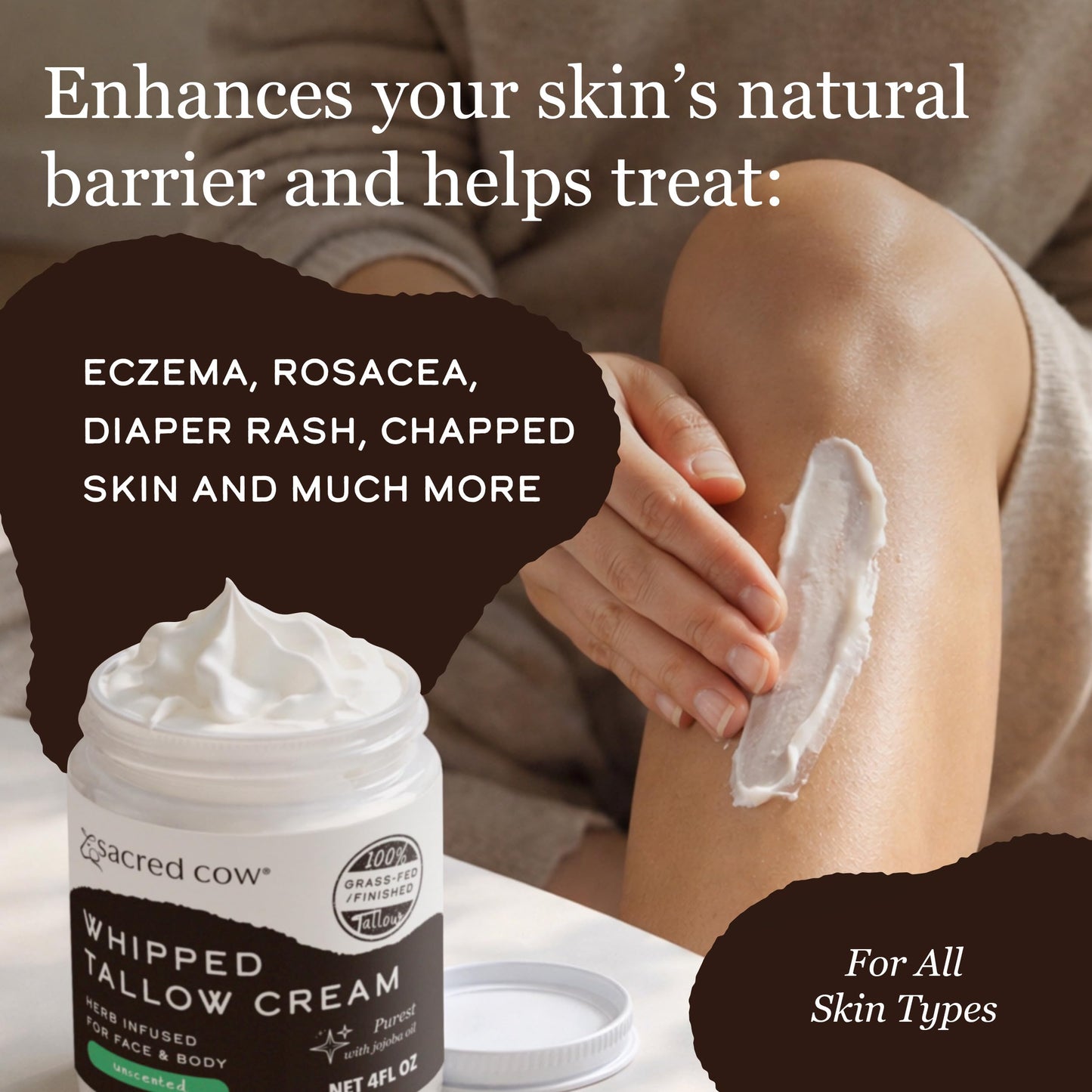 SACRED COW 100% Pure Organic Grass Fed Beef Tallow for Skin Care, Face Moisturizer, Body Butter, Hand Cream - Natural Whipped Tallow & Honey Balm Lotion Cream - Made in the USA - 4oz (UNSCENTED)