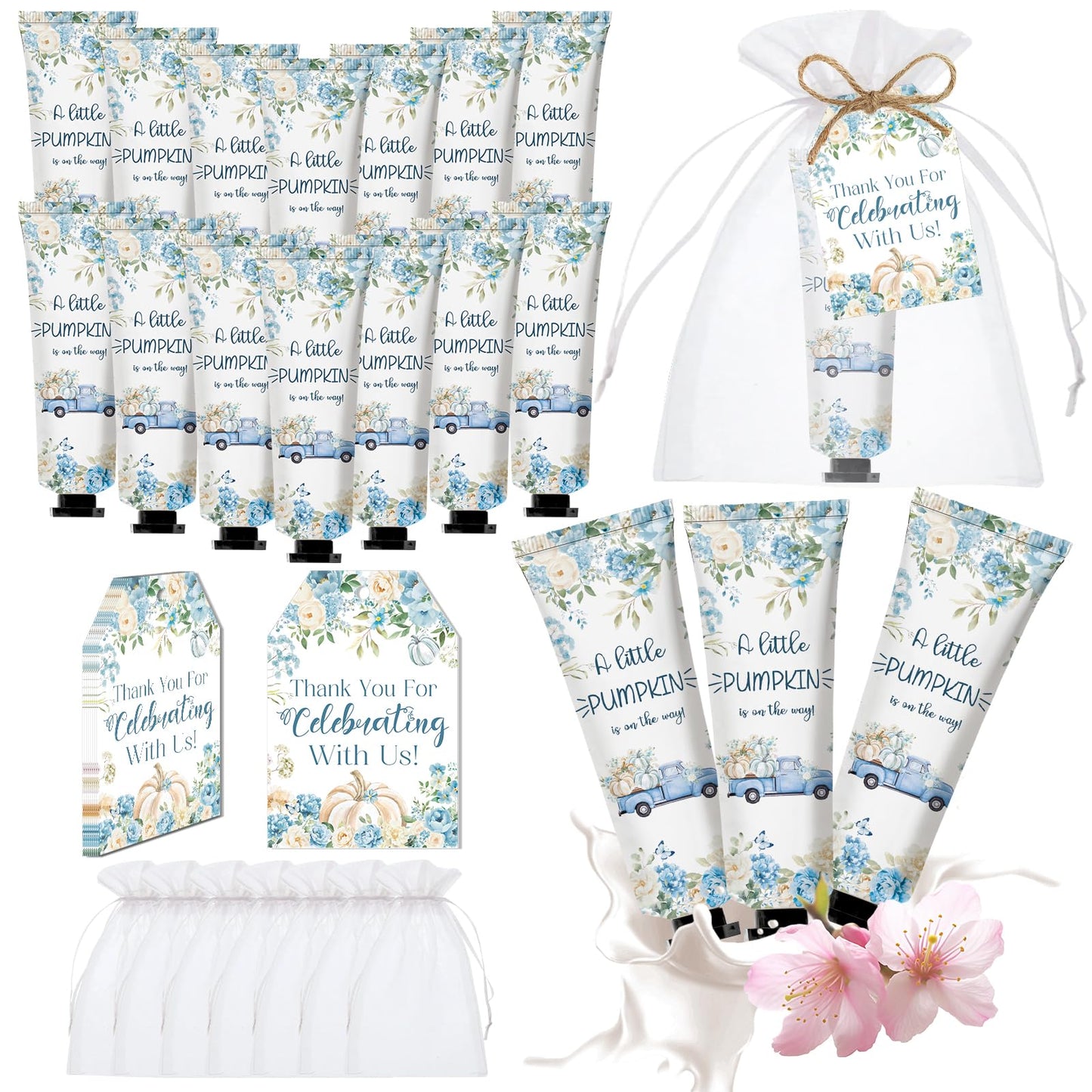 50 Sets A Little Pumpkin Hand Cream Bulk Baby Shower Party Favors for Guests Bridal Shower Thank You Gifts Travel Size Hand Lotion Bulk for Mother's Day Supplies(Blue)