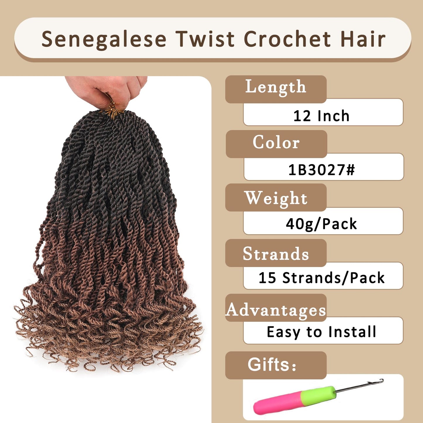 Kachanaa 12 Inch Wavy Senegalese Twist Crochet Hair 8 Pack Synthetic Short Pre Looped Kids Crochet Braids with Curly Ends Pre Twisted Small Havana Twist Braiding Hair for Black Women 1B3027#