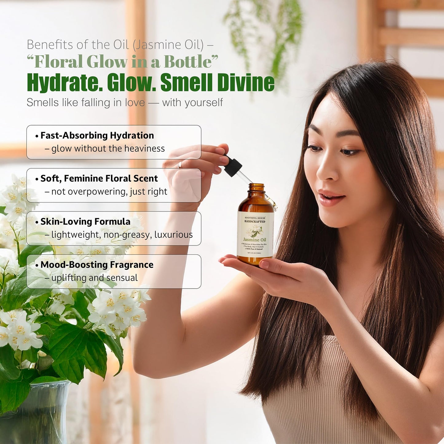 Soothing House Jasmine Body, Hair & Nail Oil: Nourishing & Fast-Absorbing, Lightweight Glow, with Vitamin E, Jojoba & Sweet Almond, All-Natural, 4 Fl Oz