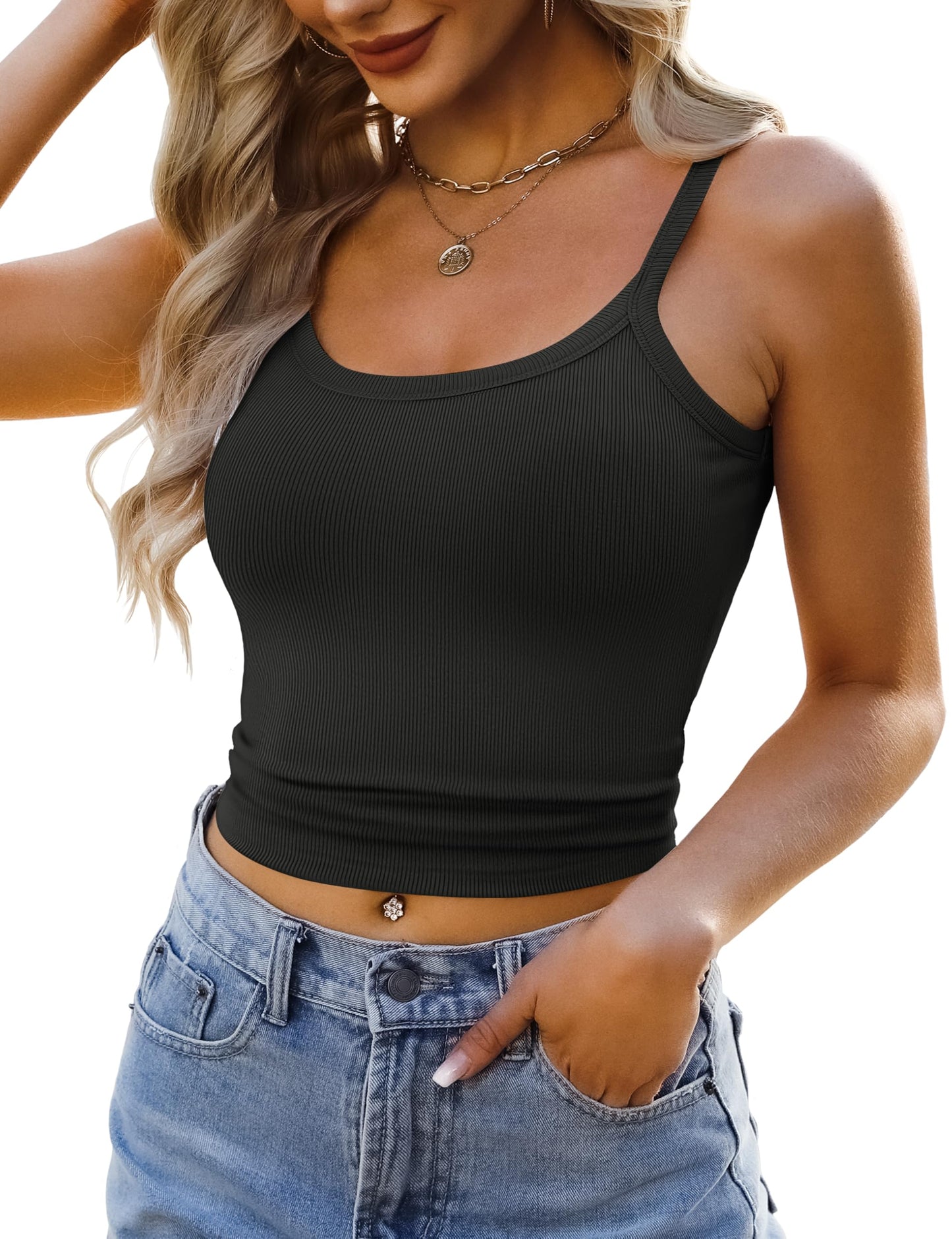 GKBK Womens Tank Tops Spaghetti Straps Scoop Neck Ribbed Tank Top for Women 2026 Slim Fitted Summer Casual Basic Tank Black XS
