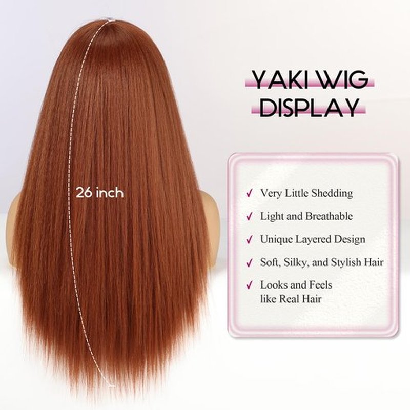 EMMOR Long Straight Yaki Wigs for Women with Bangs Comfortable Elastic Band 26 Inch Heat-resistant Synthetic Fibers(Cooper Orange)