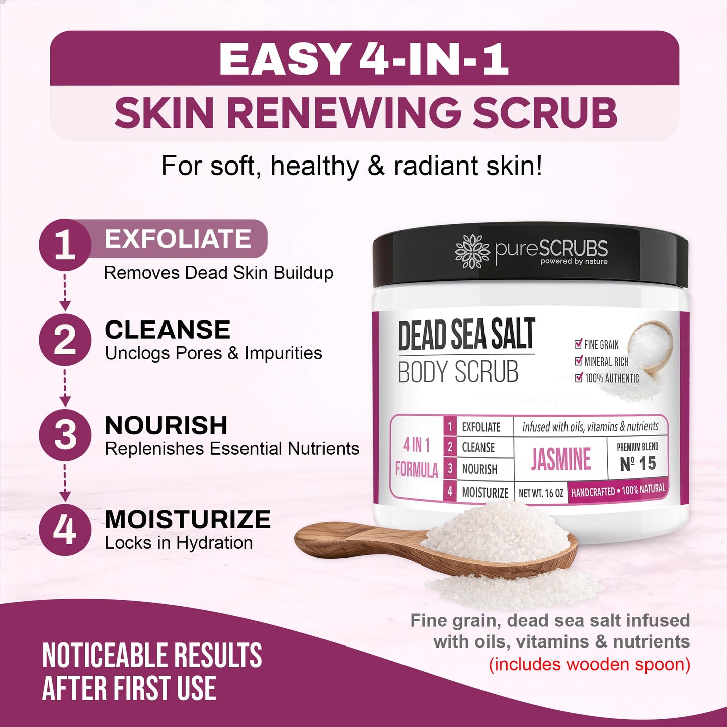 pureSCRUBS Premium Jasmine Body Scrub Set, Exfoliating Dead Sea Salt Scrub
