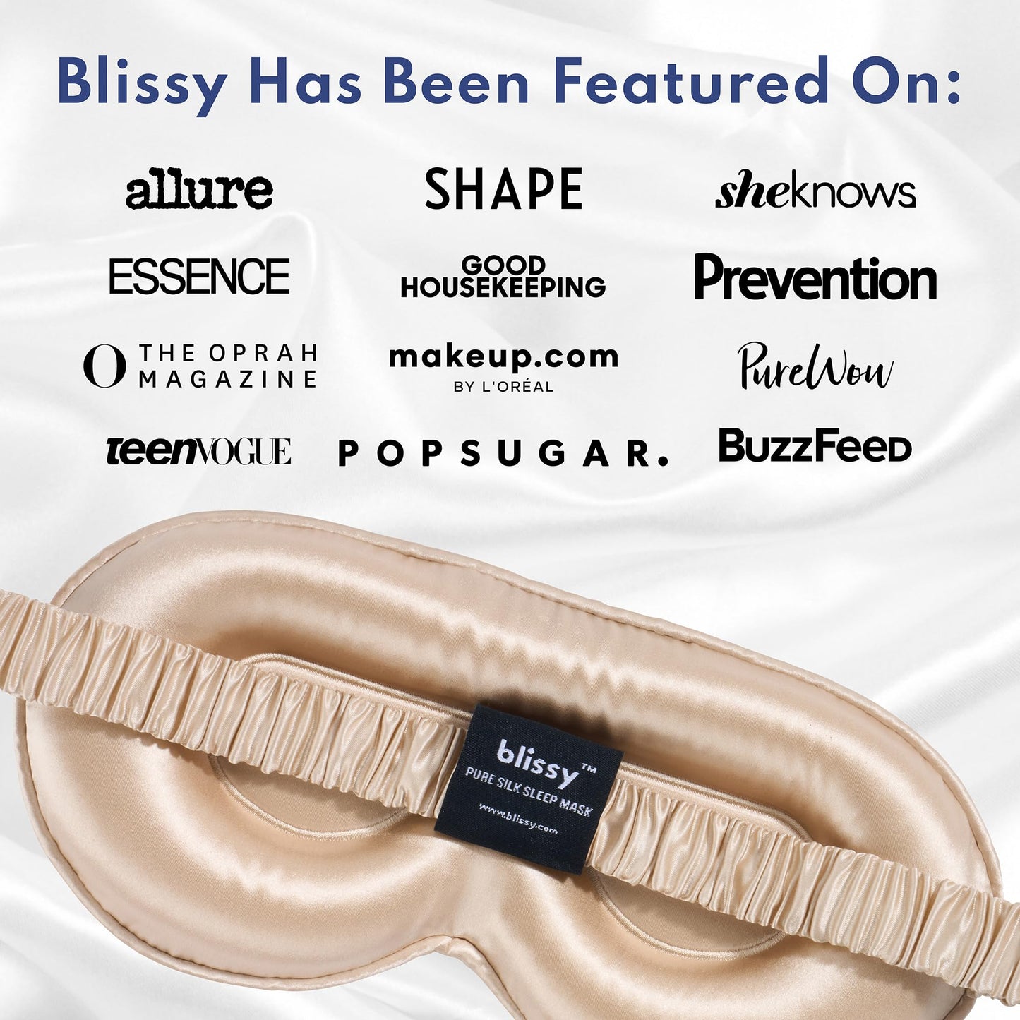 Blissy Silk Sleep Mask Profile - 100% Pure Mulberry Silk 22 Momme 6A Fibers Silk Eye Sleeping Mask for Women & Men for Total Blackout - Blindfold Silk Sleep Mask Side Sleeper Eye Cover (Champagne)