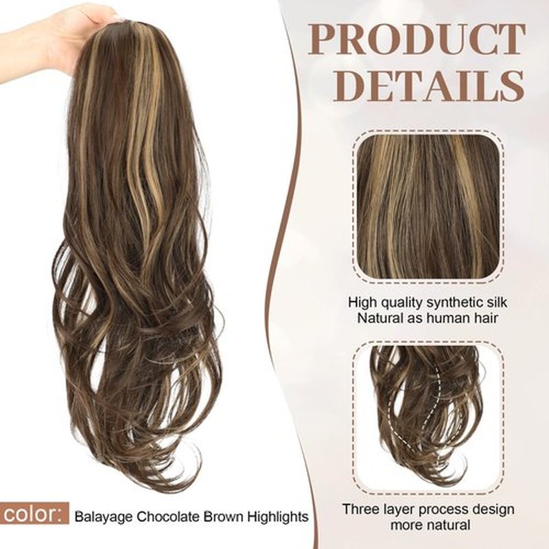 KooKaStyle Ponytail Extensions, 22 inch Balayage Chocolate Brown with Highlights Long Drawstring Wavy Clip in Ponytail Hair Extensions Layered Synthetic Hairpiece for Women