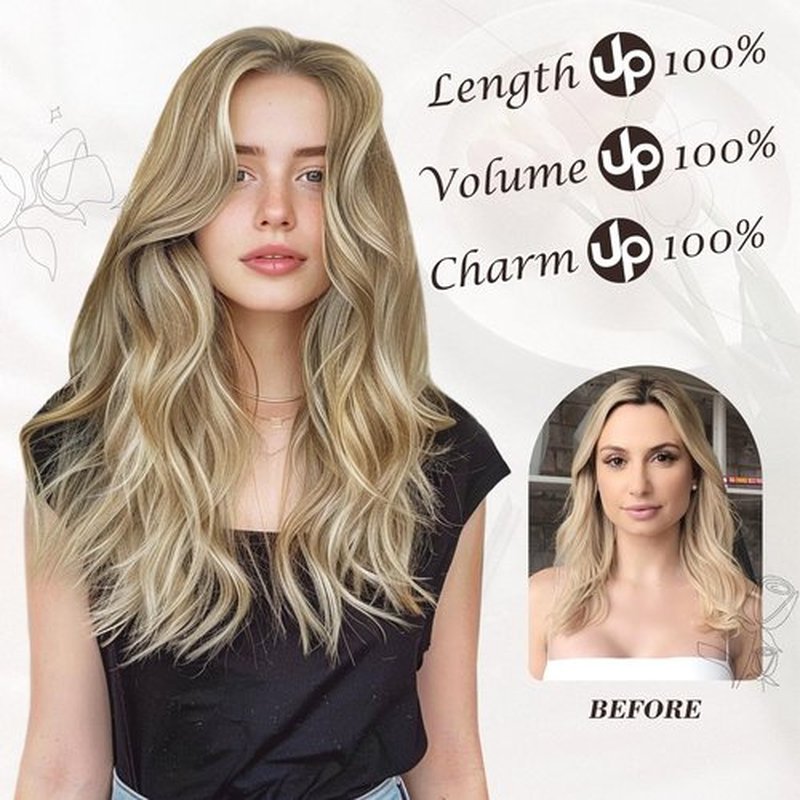 BARSDAR Clip in Hair Extensions - 6PCs Wavy Highlight Clip in Hair Extensions for Women - 16 Inch Full Head Thick Soft Synthetic Clip in Hairpieces Daily - Golden Blonde with Highlights