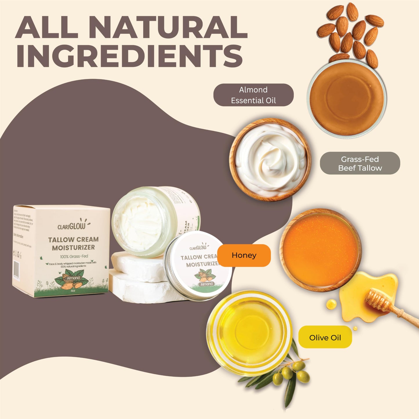 Clariglow Whipped Beef Tallow Face Moisturizer | 100% Grass Fed Beef Tallow Skin Face Balm Cream | Lotion Balm Body Moisturizer with Honey & Almond | 4 oz | Natural Skin Care