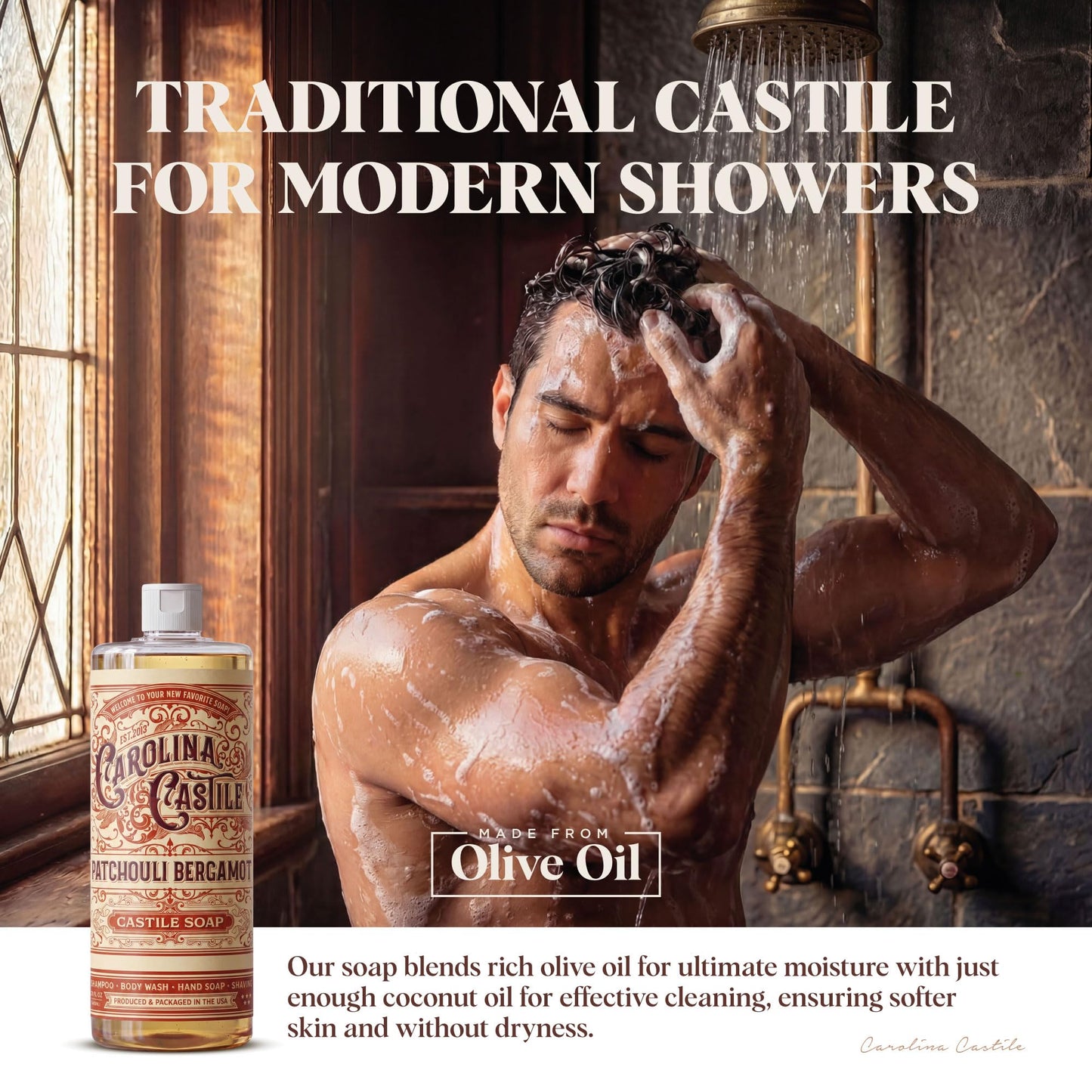 Carolina Castile Soap Patchouli Bergamot Scented Castile Soap - Certified Organic, High Olive Oil Content, Non-Drying, Made with Organic Oils, Concentrated Natural Soap for Men and Women