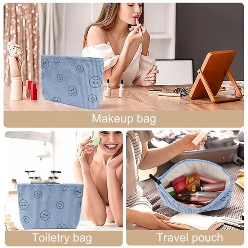 Wudimeitt Cosmetic bag Makeup bag Preppy Cute Corduroy Toiletry bag for women travel essentials (Blue)