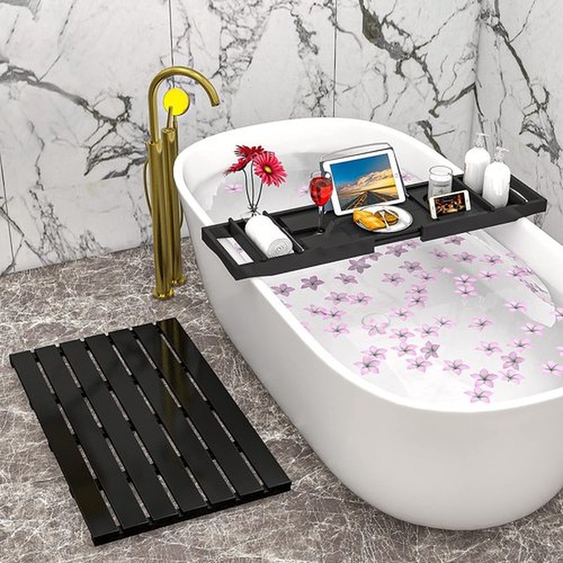 Domax Bathtub Caddy Tray Expandable Bamboo Tub Tray for Luxury Bath with Book Holder and Free Soap Dish Black