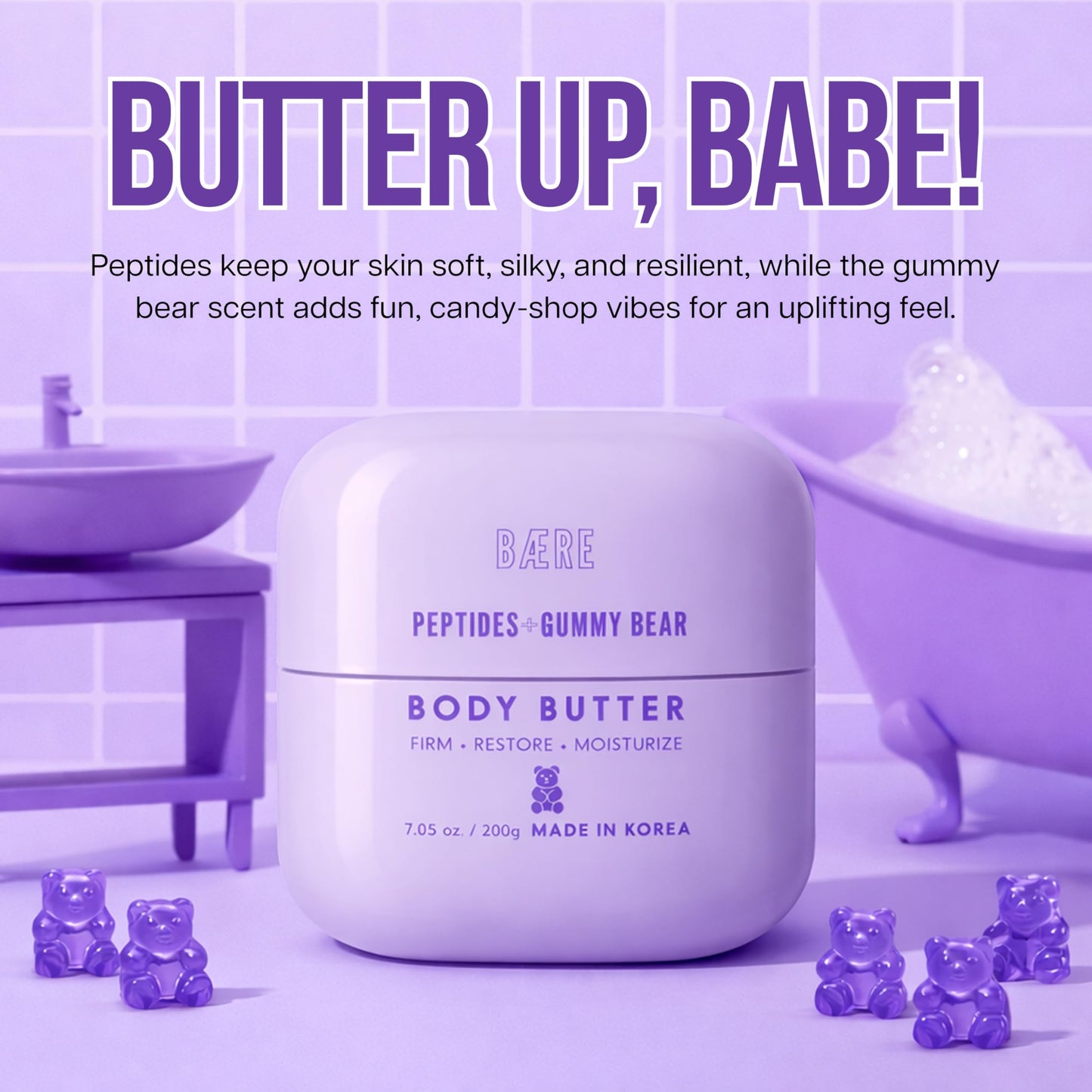 Baere Peptides Body Butter With Gummy Bear – Dermatologist Tested, Anti-Aging Korean Skin Care – Deep Skin Hydration For A Smooth Dewy Glow – Vegan, Clean Beauty – 7.05 Oz