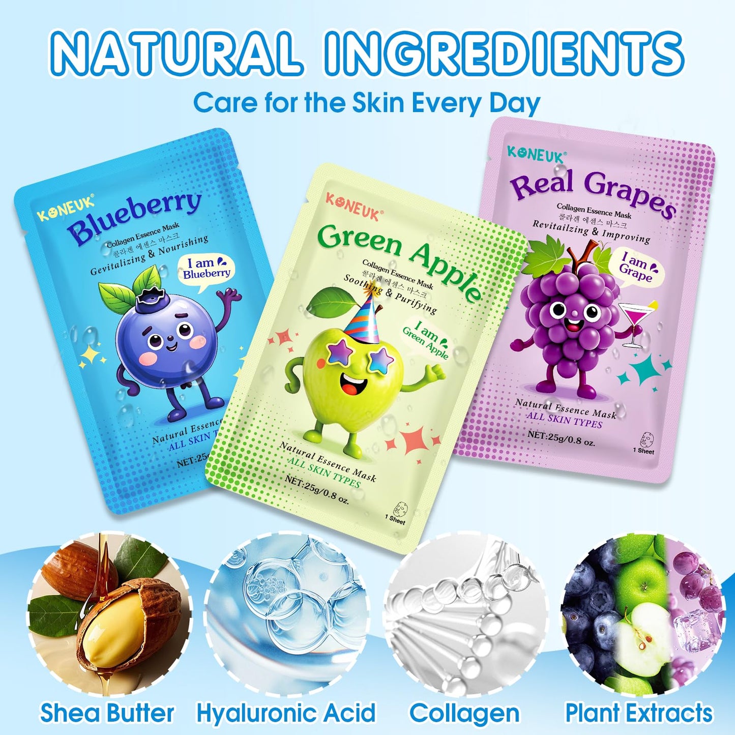 KONEUK 24 Pack Fruit Kids Face Mask, Collagen Hydrating Face Masks Skincare for Teens Girls, Skin Care for Kids, Spa Party Supplies and Bulk Birthday Gifts for Women, Sleepover Party Supplies