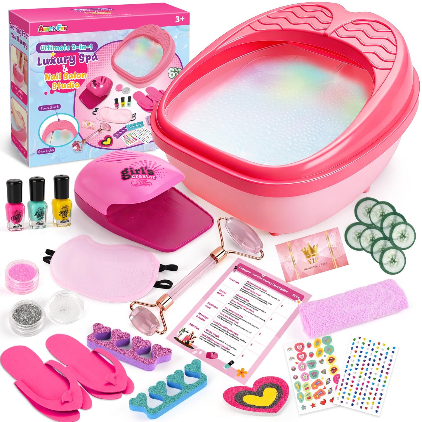 AuntyFey Kids Spa Day Kit for Gilrs, Kids Foot Spa Kit 6-8-12 with Rainbow Light Massage Foot Soak Tub, Girls Pedicure Spa Kit For Kids With Kids Spa Set For Girls Party Birthday Gift