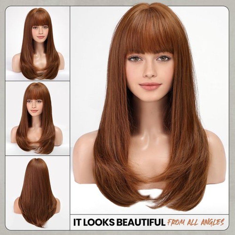 EMMOR Strawberry Blonde Wig With Bangs For Women Long Straight Wigs Auburn Layered Synthetic Layered Hairstyle For Girls Party Cosplay And Daily Use(26" Copper Brown)