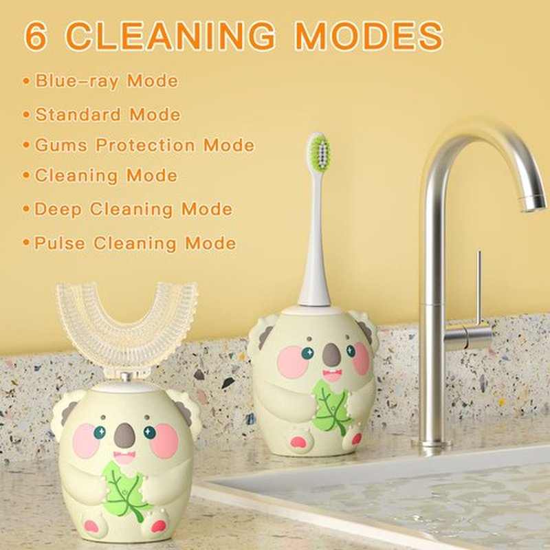 ELOTAME Cartoon Kids U Shaped Electric Toothbrush with 4 Brush Heads,Full Mouth 360-Degree Cleaning Sonic Automatic Toothbrush with IPX7 Waterproof (8-15 Age Grey with Cup)