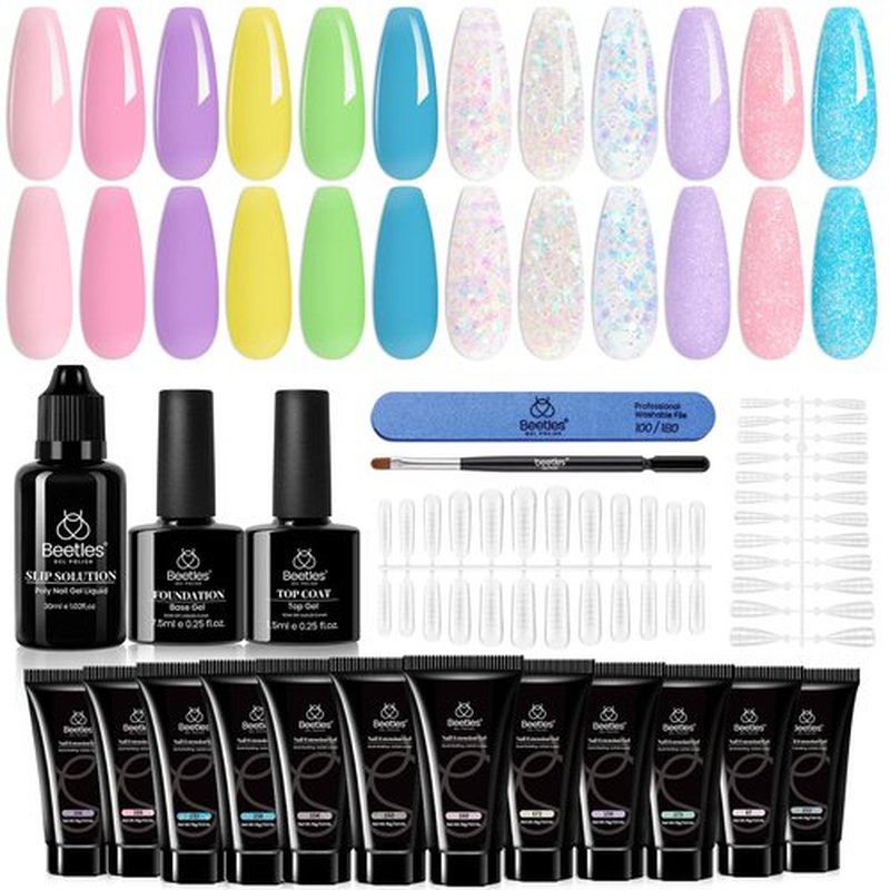 Beetles Poly Nail Gel Kit, 12 Colors Clear Jelly Glitter Nude Pink Green Purple Blue Yellow Builder Manicure Enhancement All-in-One Starter Kit with Base &Top Coat, Poly Nail Gel Liquid