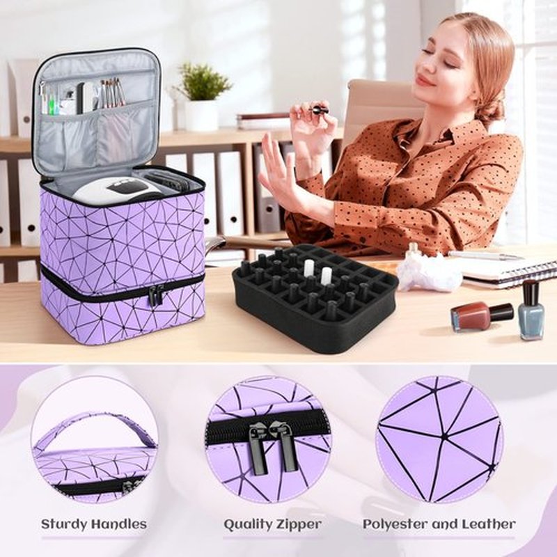 Nail Polish Organizer Case, Fingernail Polish Travel Organizer with Handle, Holds 30 Bottles, 1 Led Nail Lamp Nail Art Supplies, Double Layer Nail Polish Carrying Case With Detachable Interior