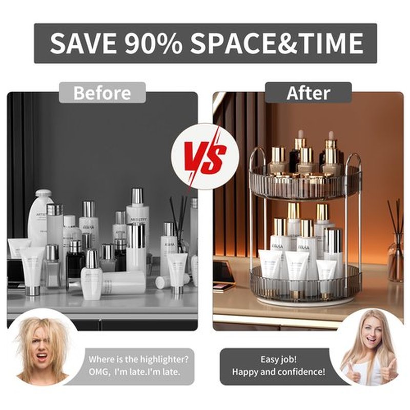 YCIA&DONE 360 Rotating Makeup Organizer and Storage for Vanity Countertop 2 Tiers, High Capacity Cosmetic Skincare Perfume Organizer for Dresser Bathroom Lazy Susan Organizer(Smoky Gray)