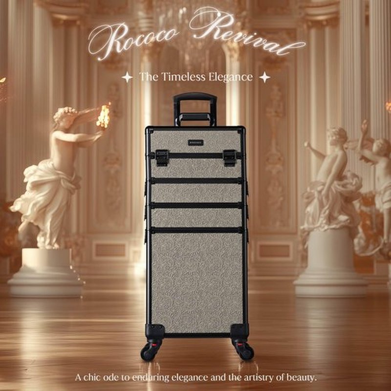 BYOOTIQUE Rolling Makeup Train Case 4in1 Cosmetic Trolley Organizer Travel Case Lockable Salon Barber Case with Wheels for Makeup Artist Trave Nail,Rococo GainsBoro