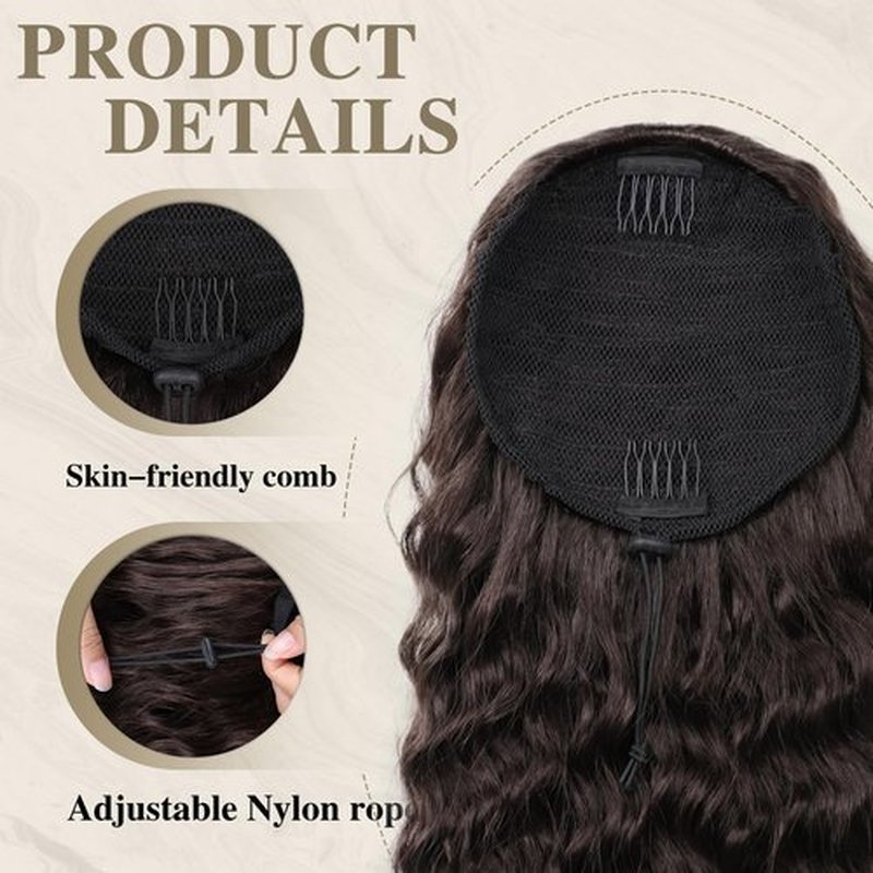 AISI BEAUTY Curly Ponytail Extension, Drawstring Ponytail Extension for Black Women Dark Brown Synthetic Clip in Ponytail Extension 20 Inch Long Curly Wavy Fake Ponytail Hairpieces for Daily Use