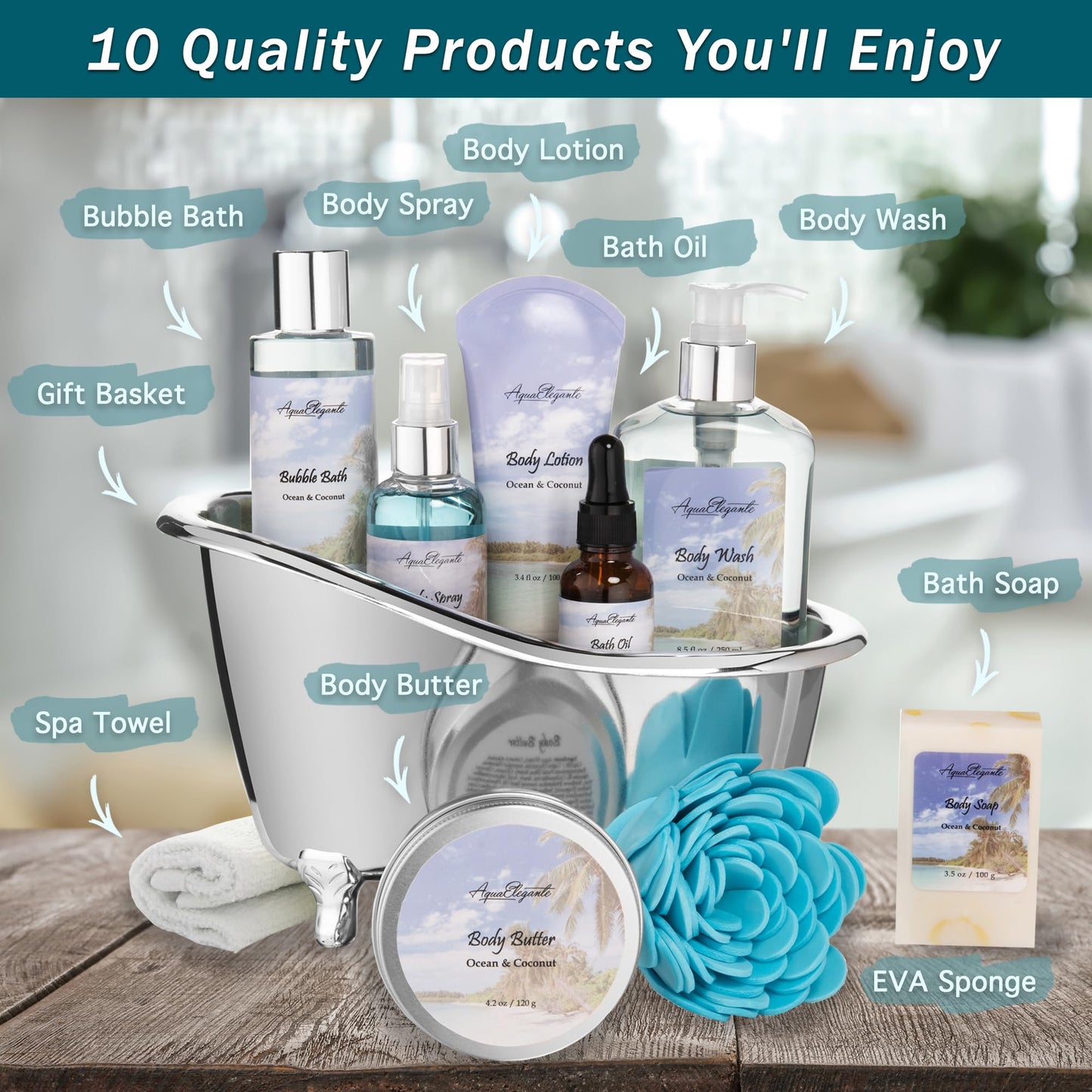 Aqua Elegante Spa Gift Basket For Women - Luxury Bath Set with Wash, Bubbles, Lotion, Body Butter, Soap, Towel, Shower Puff, Reusable Basket, Gifts for Mom, Wife, Girlfriend - Ocean & Coconut