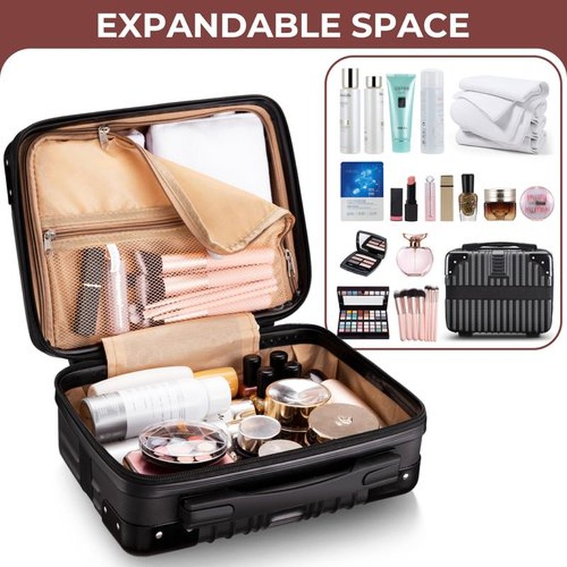 Noverlife Portable Hard Shell Cosmetic Travel Case 12 Inch, Mini Travel Hand Luggage with Elastic Band Travel Makeup Case, Small Makeup Carrying Suitcase for Train Cosmetic Bag Travel Camping - Black