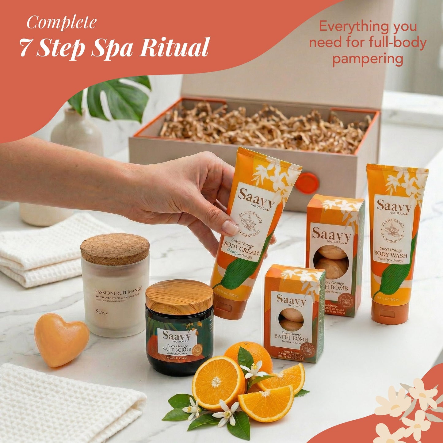 Saavy Naturals 9-Piece Spa Gift Set – Body Wash, Scrub & More – Plant-based Ingredients, Luxurious Spa Gift Basket for Women & Men –Mothers Day Gifts – (Sweet Orange GIft Set)