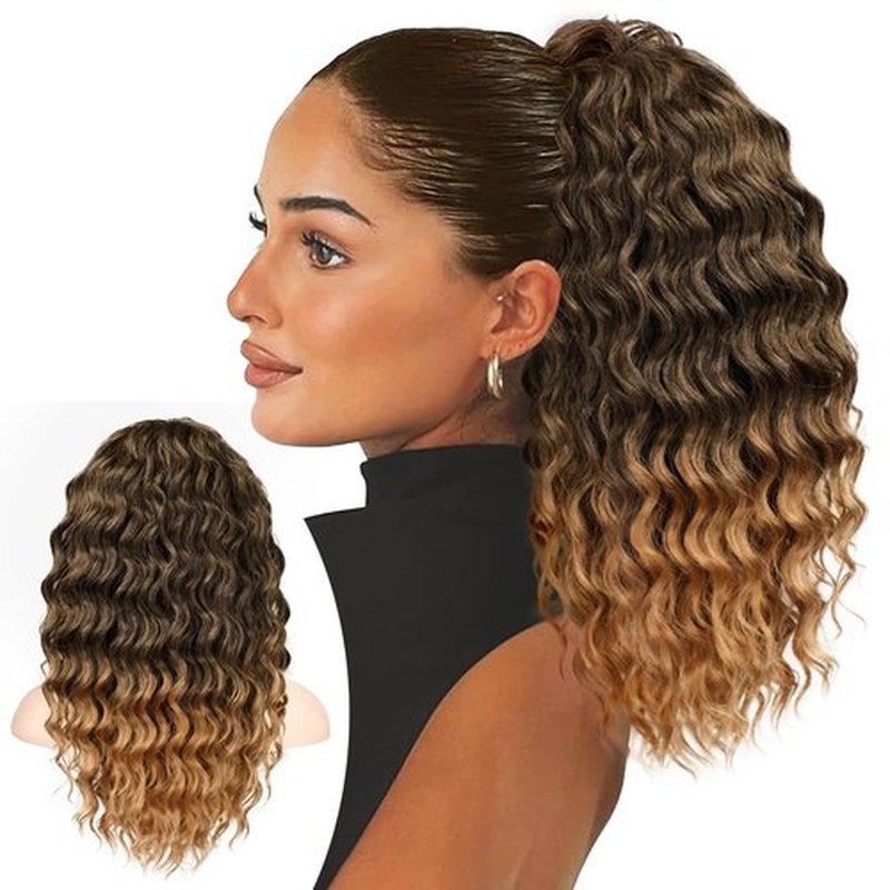 KooKaStyle Curly Ponytail Extension Fluffy Drawstring Ponytail Hair Extensions for Women Long Kinky Curly Wavy Pony Tail Extension Synthetic Hairpiece for Daily Use(18Inch Ombre Black To Blonde)