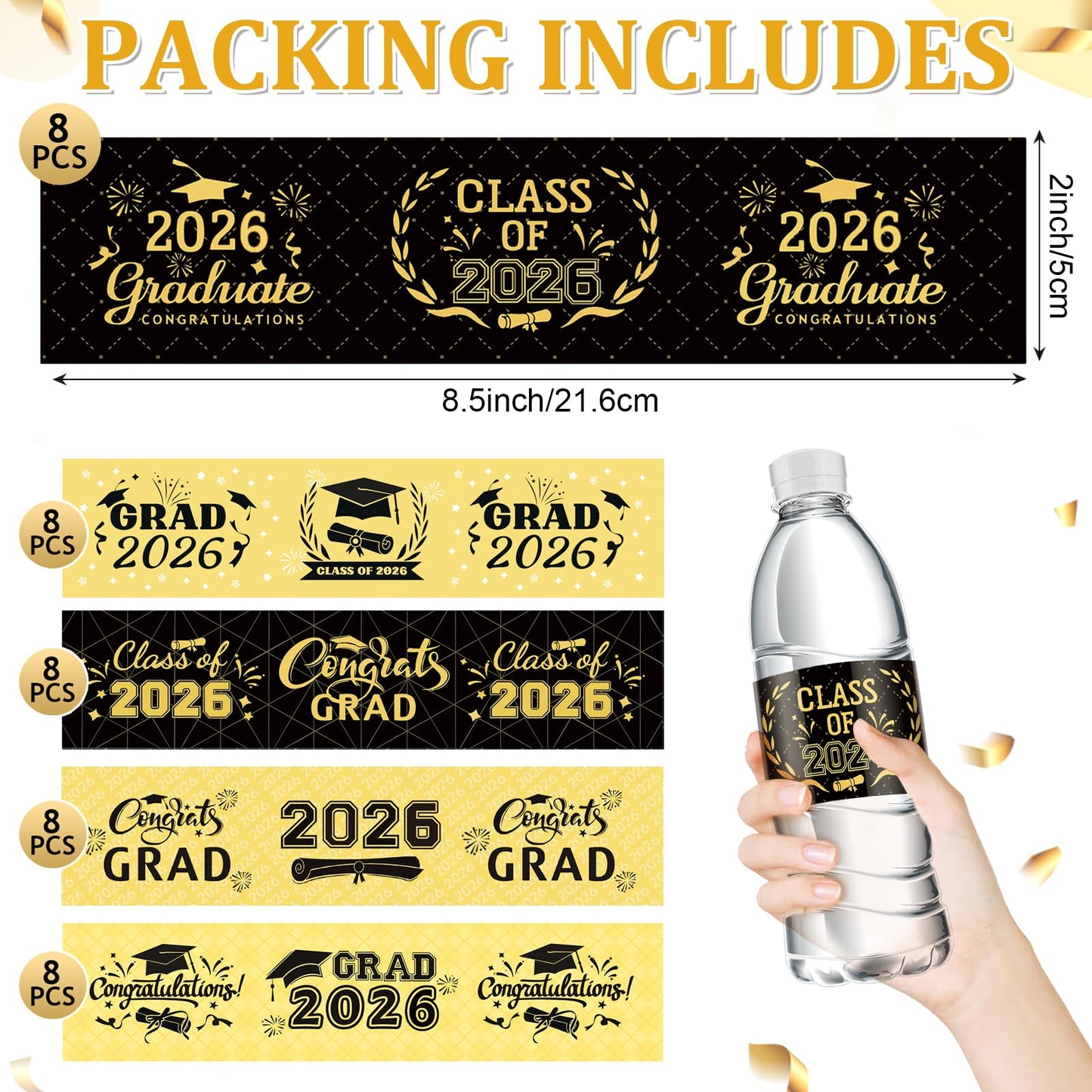 2026 Graduation Water Bottle Labels, 40pcs Graduation Decorations Class of 2026 Personalized Stickers for Bottles, Graduations Favors Party Supplies Decors for High School College (Gold)