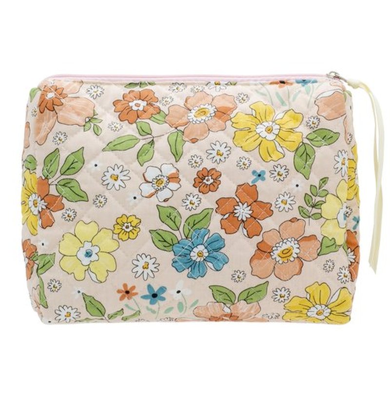 PAZIMIIK Cotton Makeup Bag for Women Large Quilted Travel Cosmetic Pouch Girls' Make Up Organizer,Floral Orange