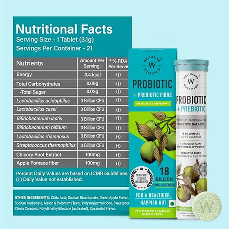 WELLBEING NUTRITION Daily Probiotic + Prebiotic| Plant Based |18 Billion CFU, 6 Strains for Men & Women with Organic Prebiotic Fiber for Digestion, Gut Health, Metabolism | 42 Effervescent Tabs