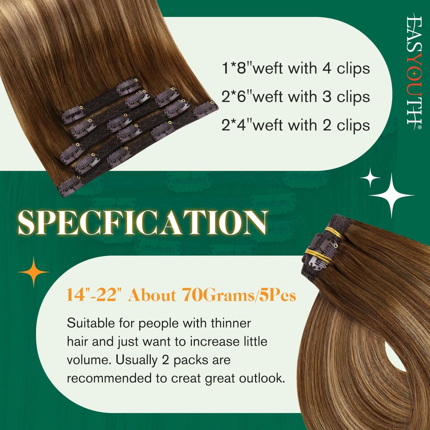 Easyouth Clip in Hair Extensions Balayage Human Hair Extensions Clip ins Medium Brown Fading to Honey Blonde Mixed Brown Clip in Human Hair Extensions Full Head 22 Inch 70g 5pcs