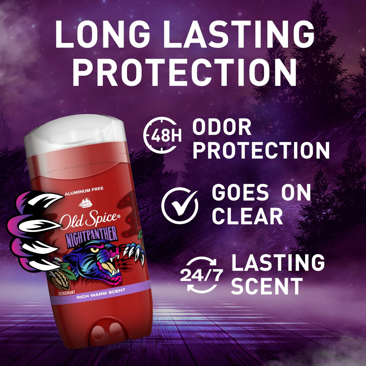 Old Spice Aluminum Free Deodorant for Men, 24/7 Odor Protection, 24/7 Freshness & Lasting Scent, Goes on Clear, NightPanther with Rich Warm Scent, 3.0 oz (Pack of 3)