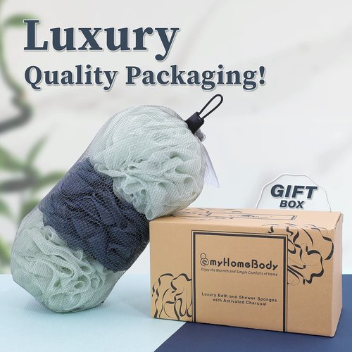 myHomeBody Large 70g Loofah Sponge, Body Scrubber, Bath Sponge, Loofah for Women, Men, Exfoliating Sponge Shower Pouf with Activated Charcoal - 2 Sea Foam Green + 1 Navy Blue, 3 Pack