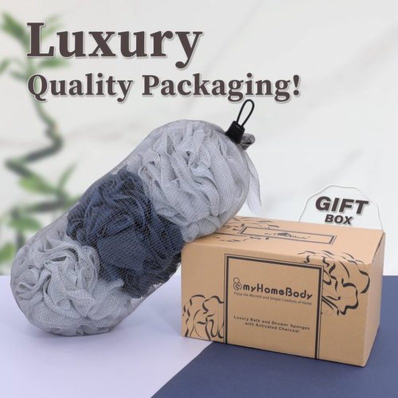 myHomeBody 60g Loofah Sponge, Body Scrubber, Bath Sponge, Loofah for Women, Men, Exfoliating Sponge Shower Pouf with Activated Charcoal - 2 Fog Gray + 1 Midnight Blue, 3 Pack