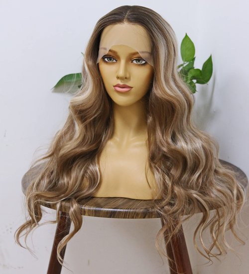 MSMYRNS Synthetic Wig HD Lace Front Wig For Women Girls Platinum Blonde Highlights Brown Loose Wavy Curly Heat Resistant Long Wig Ombre Colorful Wig Hair Replacement Unit (Light Brown Roots Version)