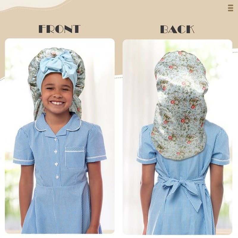 Kids Long Hair Bonnet for Sleeping - Double Layer Girls Elastic Satin Bonnet with Tie Band for Braid Curly Hair (Blue flower+Beige)