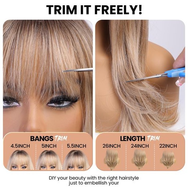 EMMOR Strawberry Blonde Wig With Bangs For Women Long Straight Wigs Auburn Layered Synthetic Layered Hairstyle For Girls Party Cosplay And Daily Use(26" Copper Brown)