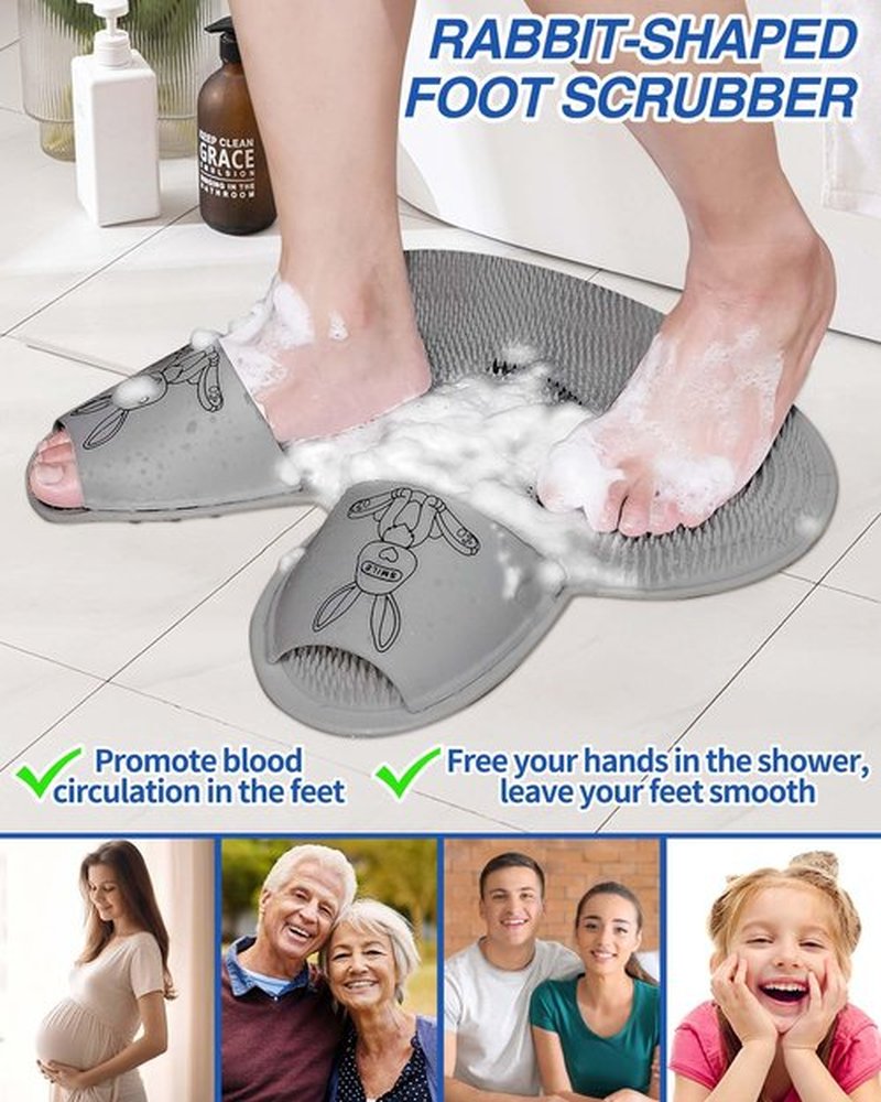 Manmihealth Extra-Large Shower Foot Scrubber Mat with Non-Slip Suction Cups, Rabbit-Shaped Silicone Foot Scrubber in Shower for Men & Women (Gray)