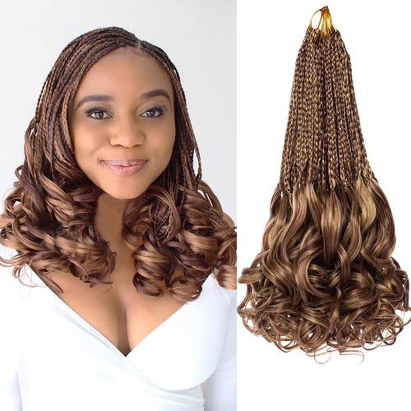 COOKOO 9 Pack 14 Inch French Curl Braids Crochet Hair Pre Looped French Curly Box Braids Hair Ombre Brown Loose Curly Synthetic Braiding Hair Extensions Goddess Box Braids for Black Women 27/33#