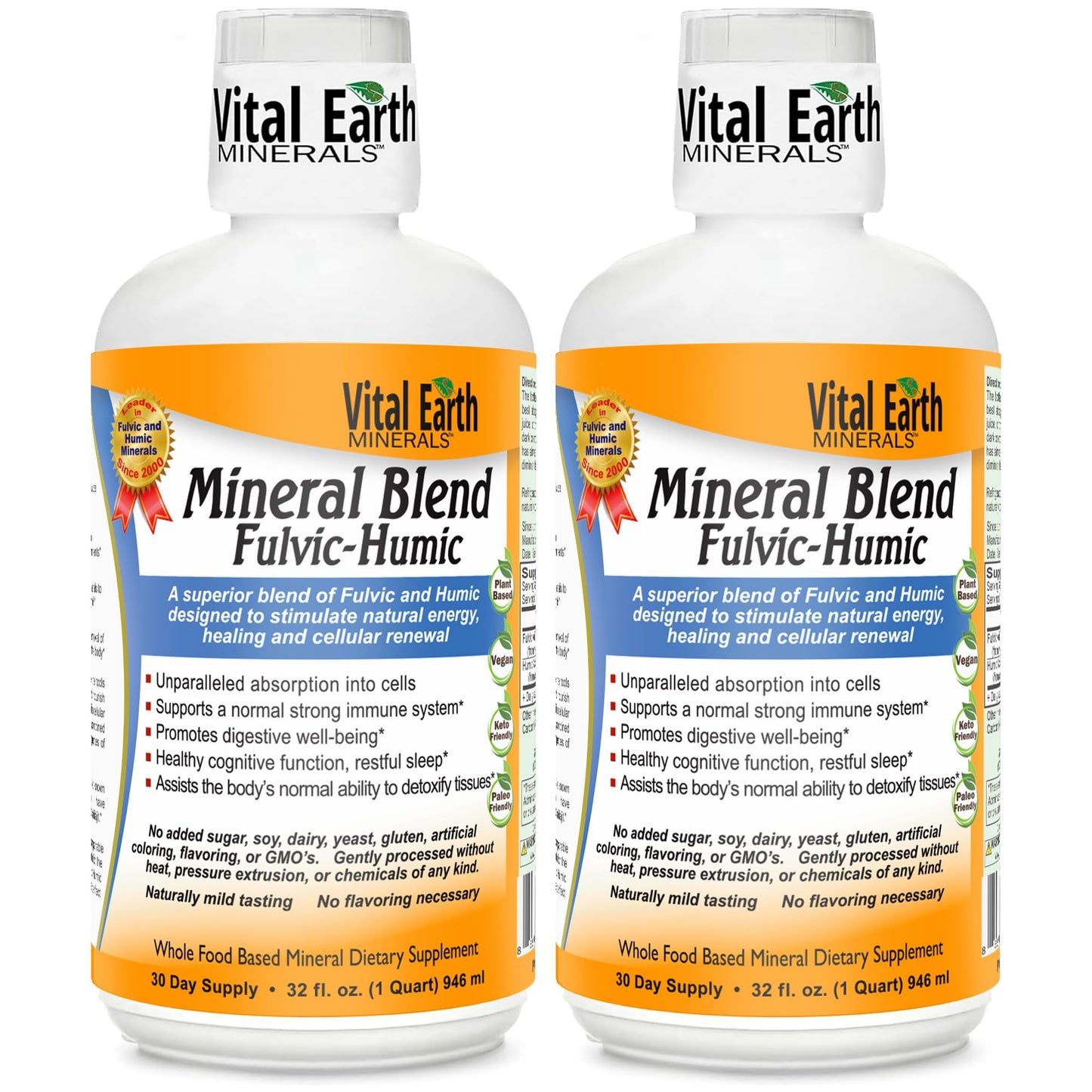 Vital Earth Minerals Fulvic Humic Mineral Blend Liquid 2-Pack – Fulvic Acid Supplement with 70+ Trace Minerals, Electrolytes for Recovery, Balance & Energy, 32 Oz Ea + 1 Oz Cup Ea