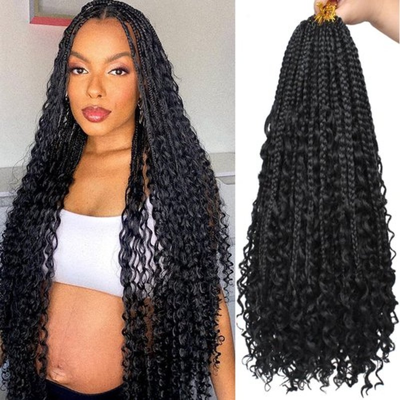 Unionbeauty 8 Packs Boho Box Braids 18 Inch Fluffy Bohemian Hippie Braids Distressed Goddess Box Braids Hair Curly Ends Pre-looped Crochet Hair Synthetic Braiding Hair Extension for Black Woman 1B#